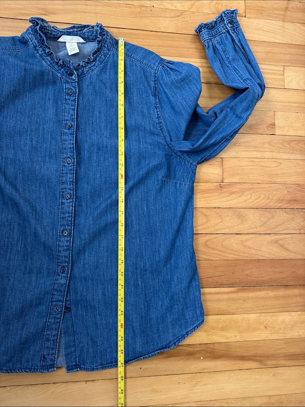 H&M Blue Denim Ruffle-Neck Button-Front Shirt - Picture 6 of 6